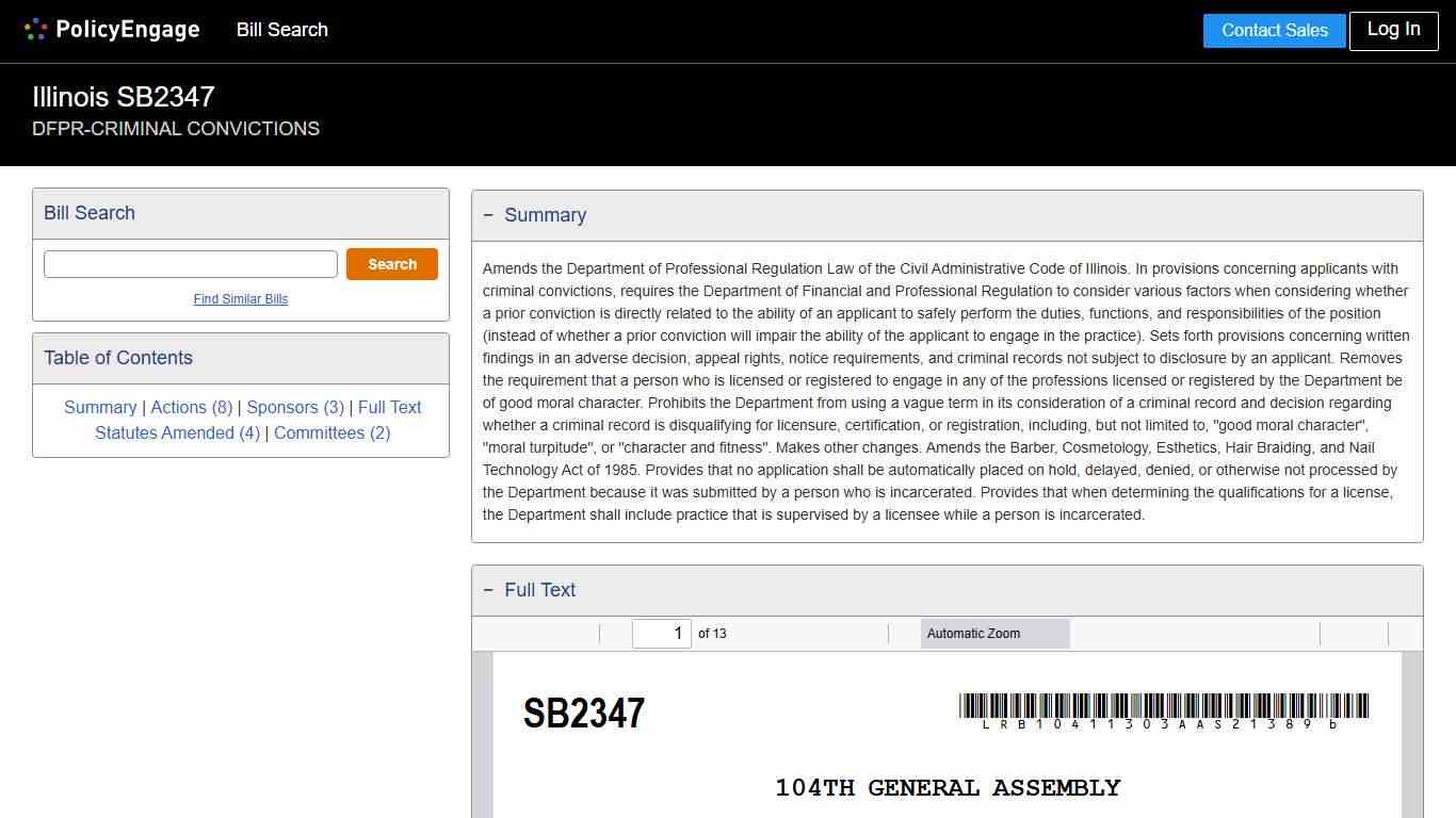 SB2347 | Illinois 2025-2026 | DFPR-CRIMINAL CONVICTIONS - Legislative Tracking | PolicyEngage